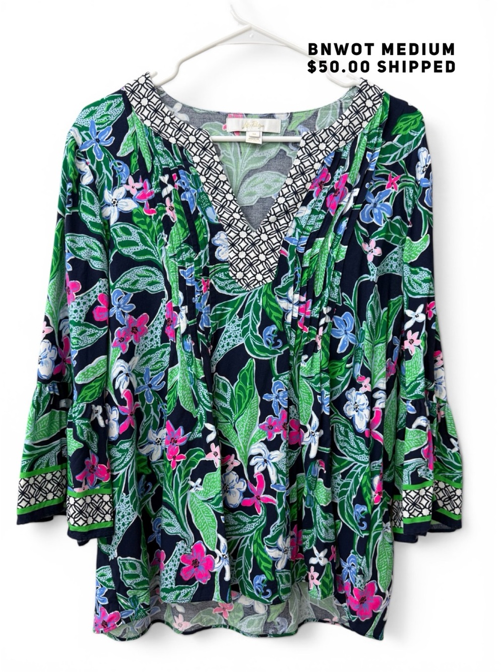 Floral V-Neck Peasant Blouse - Navy/Green/Pink - Lilly Pulitzer